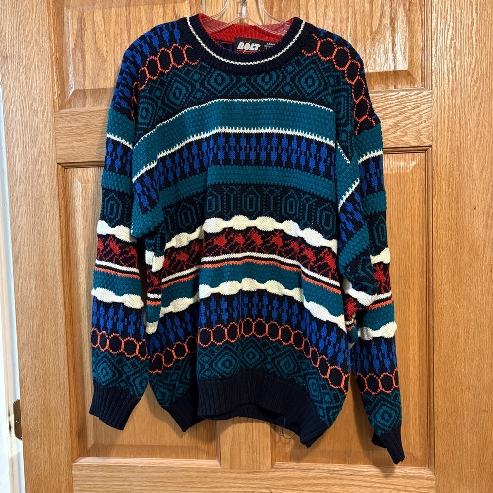 90’s Lightning Bolt Multicolor Striped Knit Sweater Coogi Style Men’s L Hip Hop